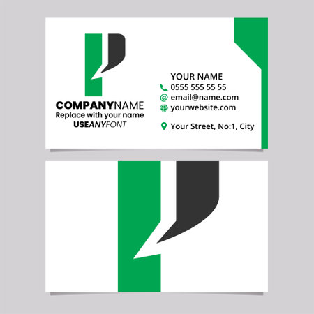 Green and Black Business Card Template with Bold Rectangle Shaped Letter P Logo Icon Over a Light Grey Backgroundのイラスト素材