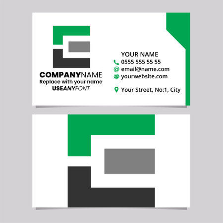 Green and Black Business Card Template with Rectangular Letter E Logo Icon Over a Light Grey Backgroundのイラスト素材