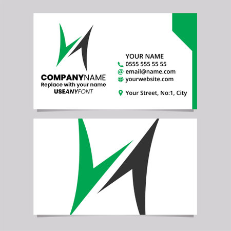 Green and Black Business Card Template with Arrow Shaped Letter H Logo Icon Over a Light Grey Backgroundのイラスト素材