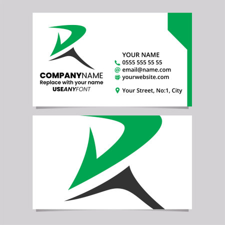 Green and Black Business Card Template with Pointy Tipped Letter R Logo Icon Over a Light Grey Backgroundのイラスト素材