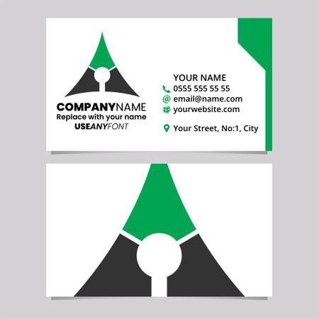 Green and Black Business Card Template with Deflated Triangle Shaped Letter A Logo Icon Over a Light Grey Backgroundのイラスト素材