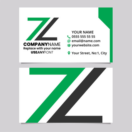 Green and Black Business Card Template with Number 7 Shaped Letter Z Logo Icon Over a Light Grey Backgroundのイラスト素材