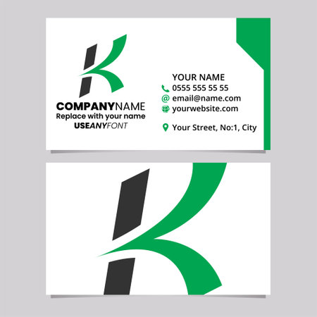 Green and Black Business Card Template with Italic Arrow Shaped Letter K Logo Icon Over a Light Grey Backgroundのイラスト素材