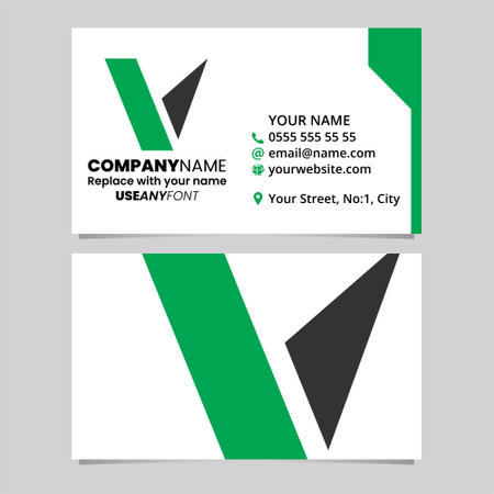 Green and Black Business Card Template with Geometrical Letter V Logo Icon Over a Light Grey Backgroundのイラスト素材