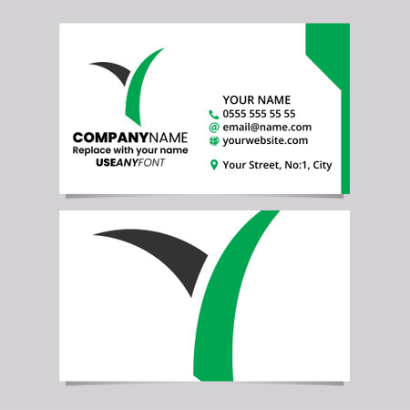 Green and Black Business Card Template with Grass Shaped Letter Y Logo Icon Over a Light Grey Backgroundのイラスト素材