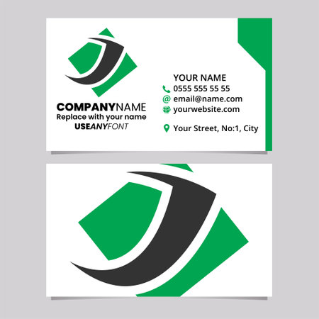 Green and Black Business Card Template with Diamond Square Letter J Logo Icon Over a Light Grey Backgroundのイラスト素材