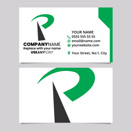 Green and Black Business Card Template with Pointy Tipped Letter P Logo Icon Over a Light Grey Backgroundのイラスト素材
