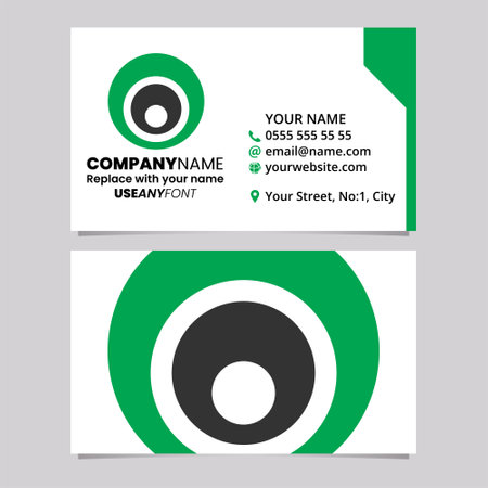 Green and Black Business Card Template with Nested Circle Shaped Letter O Logo Icon Over a Light Grey Backgroundのイラスト素材
