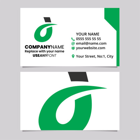 Green and Black Business Card Template with Curved Spiky Letter D Logo Icon Over a Light Grey Backgroundのイラスト素材