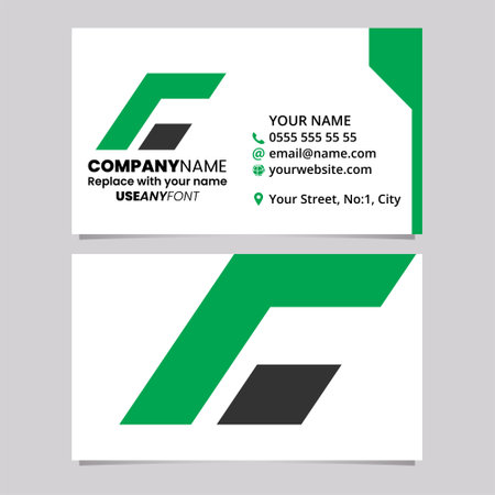 Green and Black Business Card Template with Rectangular Italic Letter C Logo Icon Over a Light Grey Backgroundのイラスト素材