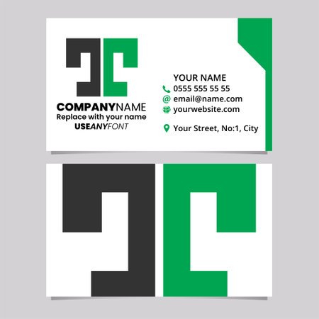 Green and Black Business Card Template with Bold Split Shaped Letter T Logo Icon Over a Light Grey Backgroundのイラスト素材