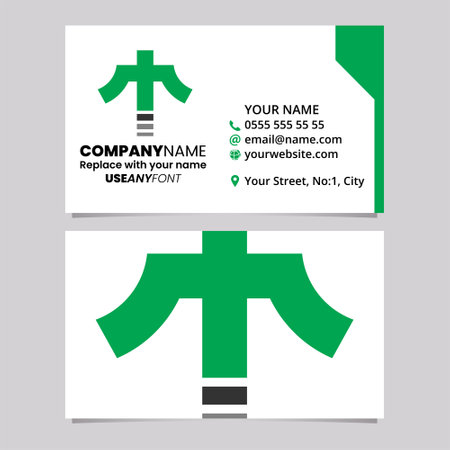 Green and Black Business Card Template with Cross Shaped Letter T Logo Icon Over a Light Grey Backgroundのイラスト素材