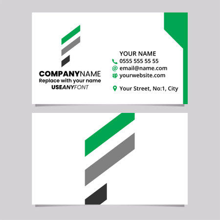 Green and Black Business Card Template with Diagonal Striped Letter F Logo Icon Over a Light Grey Backgroundのイラスト素材