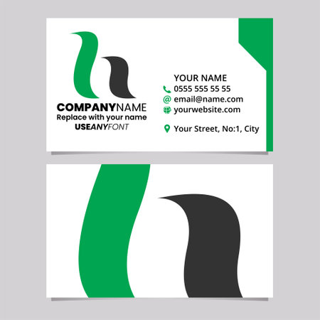 Green and Black Business Card Template with Calligraphic Letter H Logo Icon Over a Light Grey Backgroundのイラスト素材
