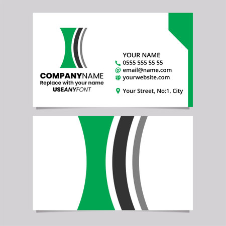 Green and Black Business Card Template with Concave Lens Shaped Letter I Logo Icon Over a Light Grey Backgroundのイラスト素材