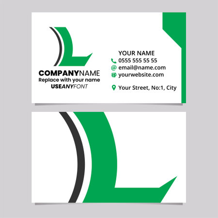 Green and Black Business Card Template with Concave Lens Shaped Letter L Logo Icon Over a Light Grey Backgroundのイラスト素材