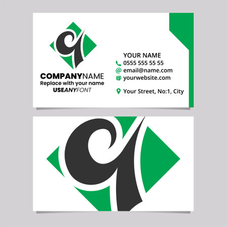 Green and Black Business Card Template with Diamond Shaped Letter Q Logo Icon Over a Light Grey Backgroundのイラスト素材