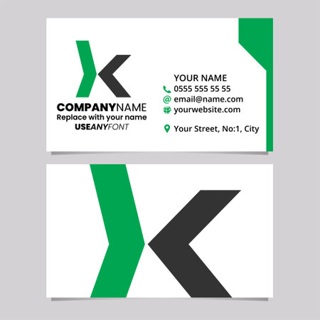 Green and Black Business Card Template with Lowercase Arrow Shaped Letter K Logo Icon Over a Light Grey Backgroundのイラスト素材