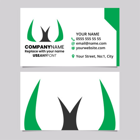 Green and Black Business Card Template with Horn Shaped Letter W Logo Icon Over a Light Grey Backgroundのイラスト素材