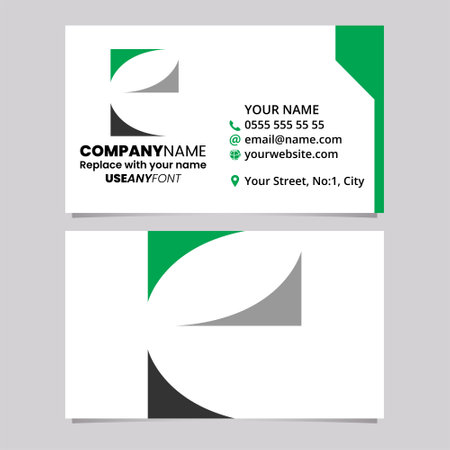Green and Black Business Card Template with Lowercase Letter E Logo Icon Over a Light Grey Backgroundのイラスト素材