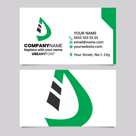 Green and Black Business Card Template with Curved Striped Letter D Logo Icon Over a Light Grey Backgroundのイラスト素材