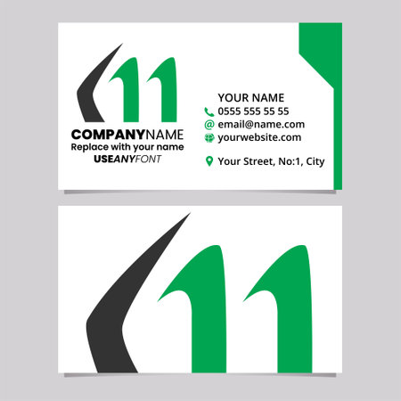 Green and Black Business Card Template with Horn Shaped Letter M Logo Icon Over a Light Grey Backgroundのイラスト素材