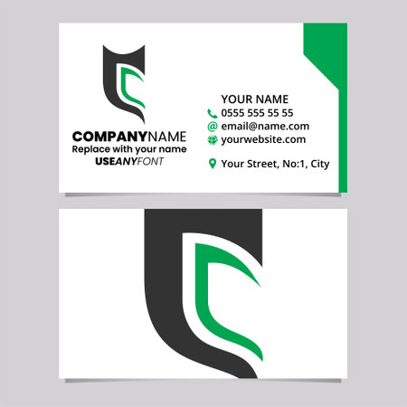 Green and Black Business Card Template with Half Shield Shaped Letter C Logo Icon Over a Light Grey Backgroundのイラスト素材