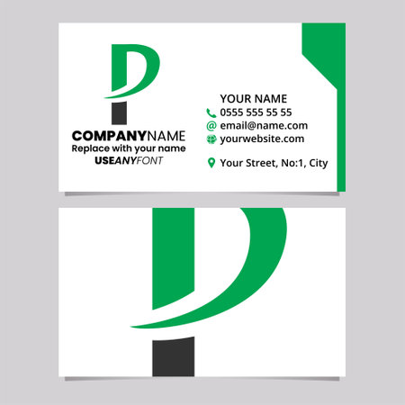 Green and Black Business Card Template with Pointy Tipped Letter P Logo Icon Over a Light Grey Backgroundのイラスト素材
