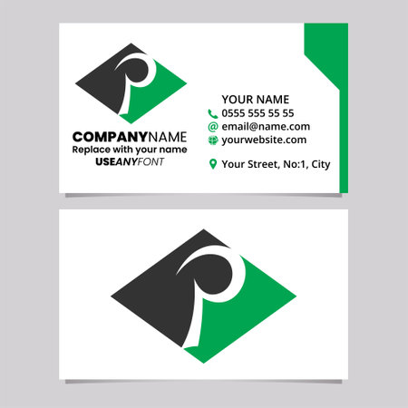 Green and Black Business Card Template with Horizontal Diamond Shaped Letter P Logo Icon Over a Light Grey Backgroundのイラスト素材