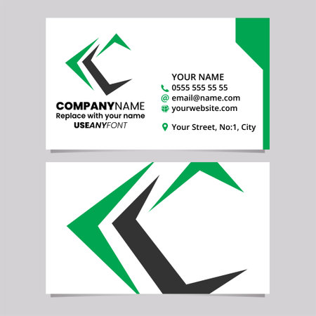 Green and Black Business Card Template with Pointy Tipped Letter C Logo Icon Over a Light Grey Backgroundのイラスト素材