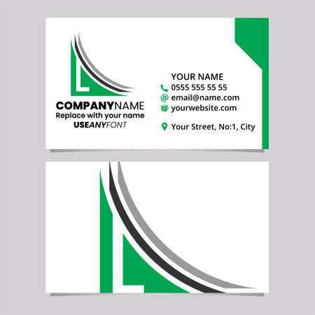 Green and Black Business Card Template with Layered Letter L Logo Icon Over a Light Grey Backgroundのイラスト素材