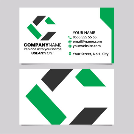 Green and Black Business Card Template with Rectangle Shaped Letter C Logo Icon Over a Light Grey Backgroundのイラスト素材