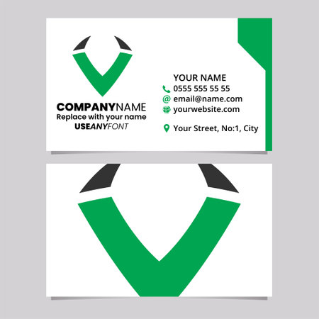 Green and Black Business Card Template with Horn Shaped Letter V Logo Icon Over a Light Grey Backgroundのイラスト素材