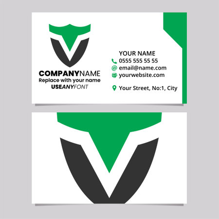 Green and Black Business Card Template with Shield Shaped Letter V Logo Icon Over a Light Grey Backgroundのイラスト素材