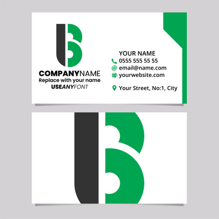 Green and Black Business Card Template with Round Disk Shaped Letter B Logo Icon Over a Light Grey Backgroundのイラスト素材
