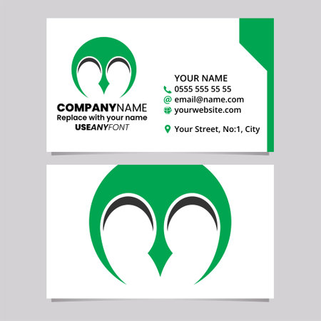 Green and Black Business Card Template with Round Pointy Tipped Letter M Logo Icon Over a Light Grey Backgroundのイラスト素材