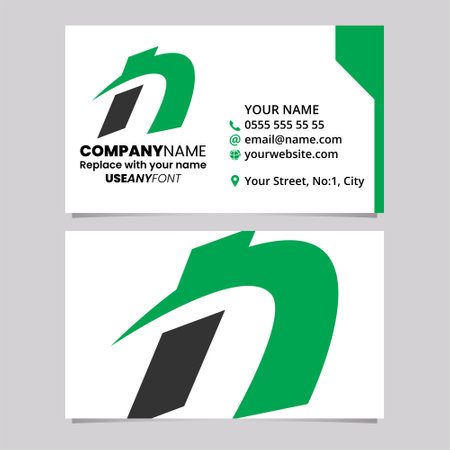 Green and Black Business Card Template with Spiky Italic Letter N Logo Icon Over a Light Grey Backgroundのイラスト素材