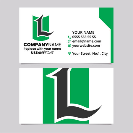 Green and Black Business Card Template with Shield Shaped Letter L Logo Icon Over a Light Grey Backgroundのイラスト素材