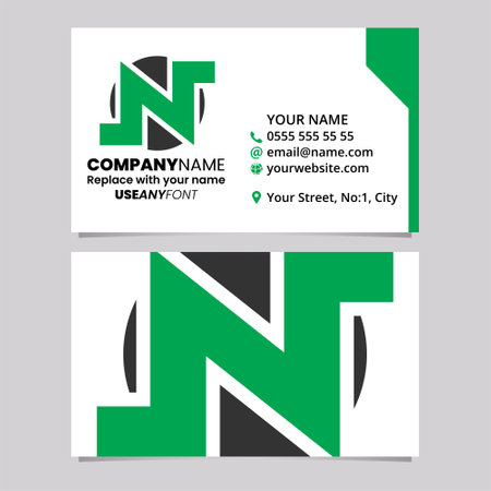 Green and Black Business Card Template with Round Bold Letter N Logo Icon Over a Light Grey Backgroundのイラスト素材
