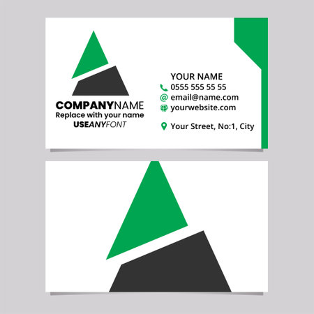 Green and Black Business Card Template with Split Triangle Shaped Letter A Logo Icon Over a Light Grey Backgroundのイラスト素材