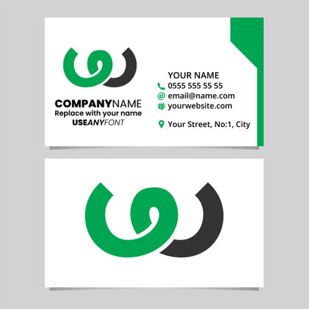 Green and Black Business Card Template with Spring Shaped Letter W Logo Icon Over a Light Grey Backgroundのイラスト素材