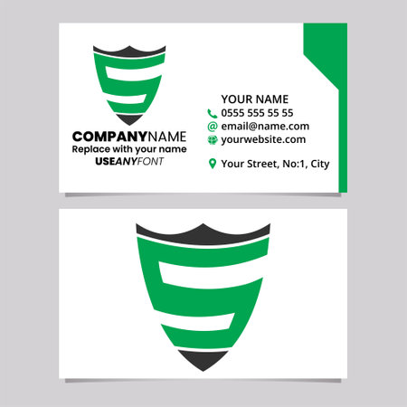 Green and Black Business Card Template with Shield Shaped Letter S Logo Icon Over a Light Grey Backgroundのイラスト素材