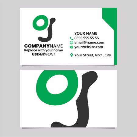 Green and Black Business Card Template with Soft Round Shaped Letter G Logo Icon Over a Light Grey Backgroundのイラスト素材