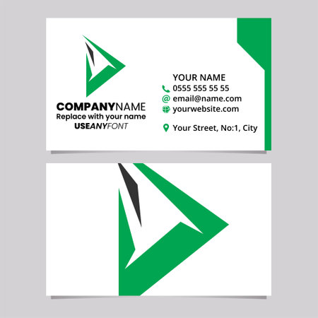 Green and Black Business Card Template with Spiky Triangular Letter D Logo Icon Over a Light Grey Backgroundのイラスト素材