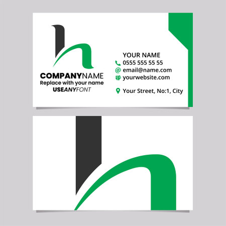 Green and Black Business Card Template with Round Spiky Shaped Letter H Logo Icon Over a Light Grey Backgroundのイラスト素材