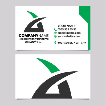 Green and Black Business Card Template with Spiky Lowercase Letter A Logo Icon Over a Light Grey Backgroundのイラスト素材