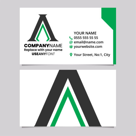Green and Black Business Card Template with Spiky Letter A Logo Icon Over a Light Grey Backgroundのイラスト素材