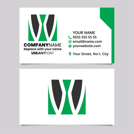 Green and Black Business Card Template with Square Letter W Logo Icon Over a Light Grey Backgroundのイラスト素材