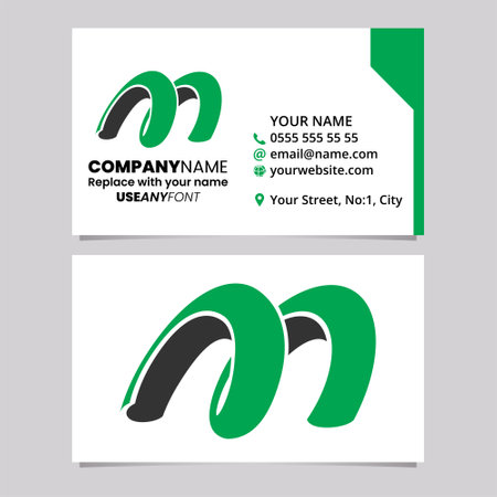 Green and Black Business Card Template with Spring Shaped Letter M Logo Icon Over a Light Grey Backgroundのイラスト素材