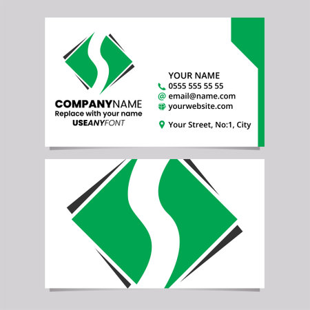 Green and Black Business Card Template with Square Diamond Letter S Logo Icon Over a Light Grey Backgroundのイラスト素材